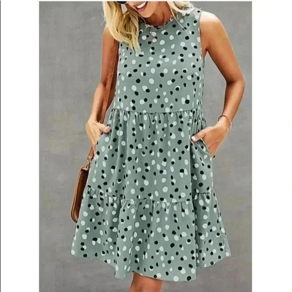 🆕Boho Trendy Sage Polka Dots Tiered Pocket Sleeveless Dress XL 🆕